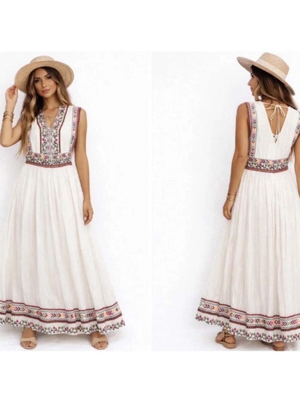 Sundance Margarita Dress 2 White Embroidered Cotton Boho Maxi Peasant Floral